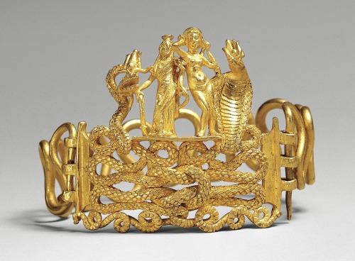 ancientpeoples:   Gold Bracelet with Deities Representing Fertility and Good Fortune Romano-Egyptian, 1st century B.C.–A.D. 1st century  Powerful talismans of fertility and good destiny are woven into this  rich golden composition. The bodies of two