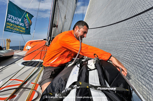 2014/10/10 : Giancarlo Pedote training for Rhum.
Off Ile de Groix, south Britanny, onboard with italian skipper Giancarlo Pedote, training for “Route du Rhum”, on his Class 40 “Fantastica”.