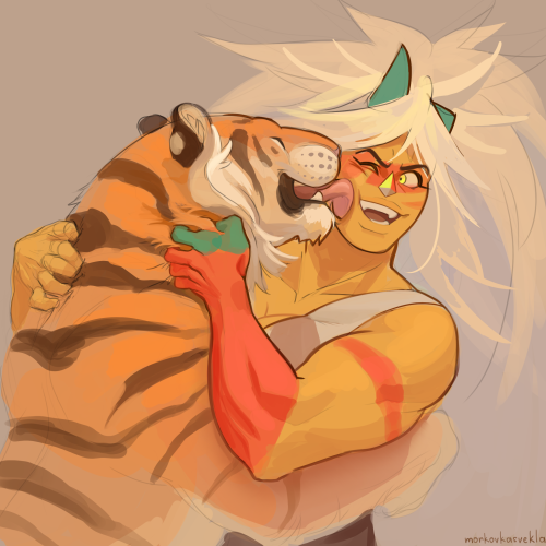 morkovkasvekla:  Two tigresses I’ve wanted to draw Jasper with a pet tiger for the longest time. I think, if she had a pet like this, that would have been pretty cool :3
