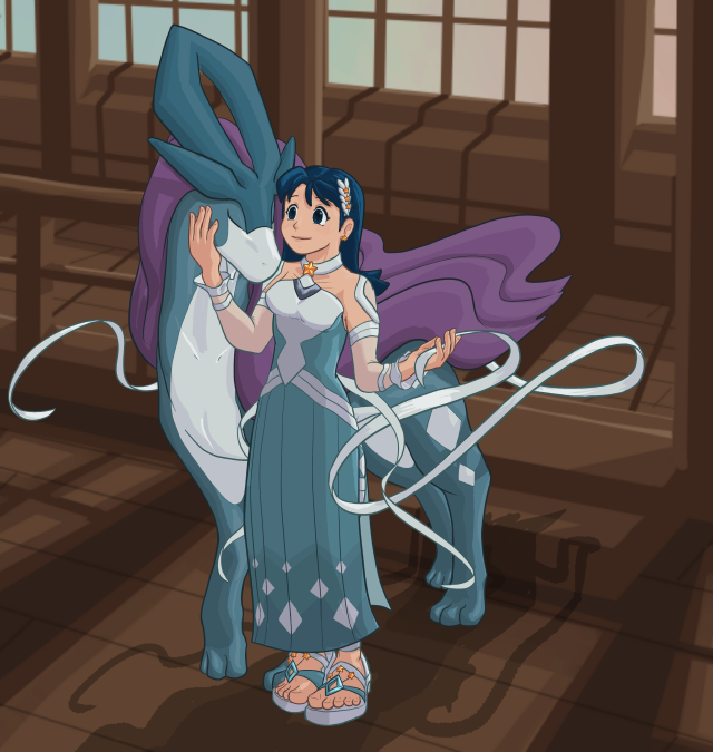 The character Crystal from Pokemon Special in the Suicune Sygna Suit for Kris in Pokemon Masters. The outfit is a blue and white dress with shorts underneath and a long white ribbon in the back, her hair is down and there is a white hair clip with stars on it. Crystal is stroking the face of Suicune, which walks beside her. They are in the Bell Tower, a traditional Japanese Pagoda style tower.