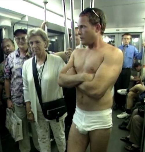 jckybriefs4me:Today’s journey-  Max takes the subway and boards a plan in just his Jockey briefs 