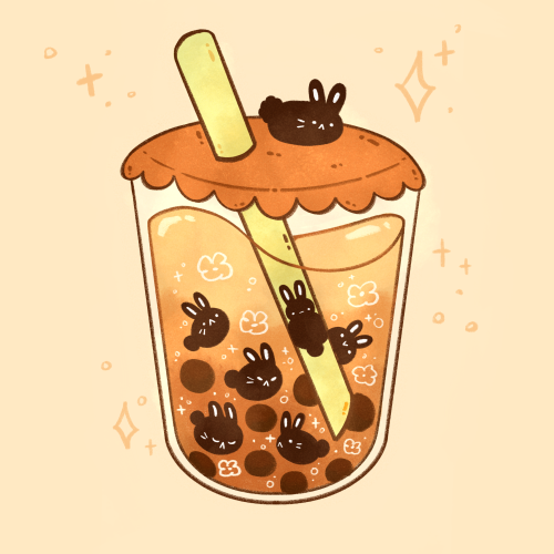 A plastic cup with an orange lid and yellow straw. Inside the cup is boba pearls, though they are bunny shaped. Inside the liquid are little white scribbles of flowers. On top of the cup is another little bunny. The whole illustration is orange tinted and warm.