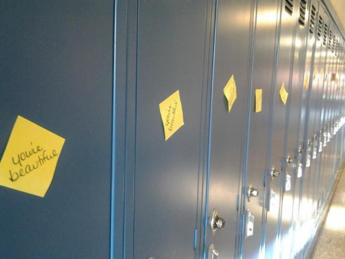 cra-yola:  5hip-l4rry:  overlyattachedpotato:  xoxoxosadinside:  This is a picture of something I did at my school last year. I wrote out 1,986 sticky notes that each said “You’re beautiful” and stuck one to every locker in my entire school. I was