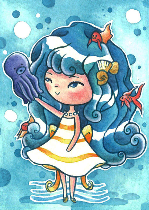 Scanned version of Ondina - Wavy ACEO card, 3.5 x 2.5 inches (6,4cm x 8,9cm).Watercolors and pa