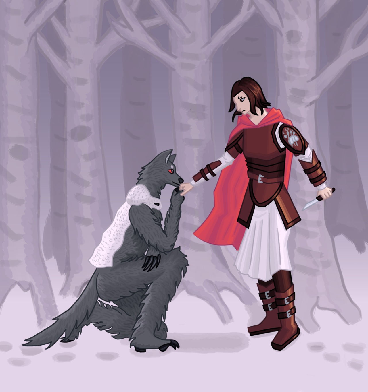 Really like little red riding hood, lady knights, and fairytale retellings. Expect many more red-riding hood images, it’s a years-long obsession not leaving anytime soon. Image Id: An anthropomorphic gray wolf with a sheep skin cape and red eyes kneels before a young adult in leather armor. The wolf kisses her hand. Her conflicted face is framed by her short brunette hair. On her upper left arm’s armor is a metal engraving of a slashed through paw. Her left hand holds a knife. She wears a white skirt, brown leggings, and brown boots. A red cape billows out behind her. The figures stand in a snowy meadow in front of many aspens.  #little red riding hood #fairy tales#fairy tale #fairy tale retelling  #little red riding hood retelling #digital aritst#digital fanart #digital fantasy art #krita art#kritaart#digital illustration#krita illustration