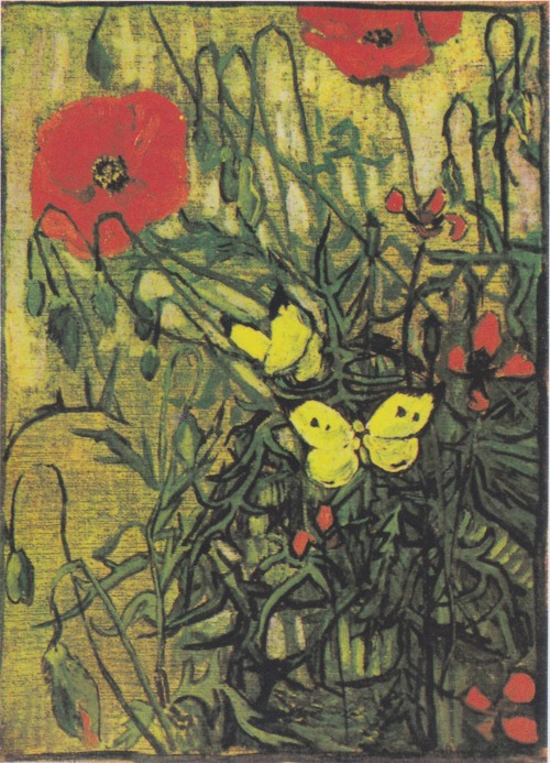 the-master-pieces:Green Peacock Moth {1889} and Poppies and Butterflies {1890} by Vincent van Gogh