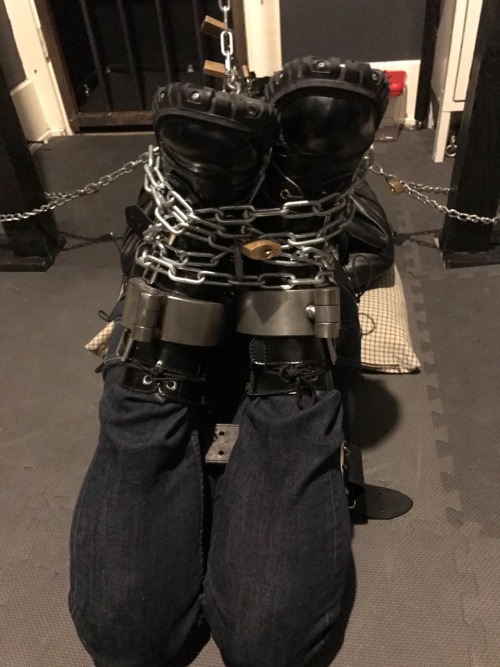 seabondagesadist: The “rest” for @lostinsea88 didn’t last all that long before I decided that it was simply not enough bondage and needed correction. A modified straightjacket hogtie was called for.  His legs pulled up and locked to chains around
