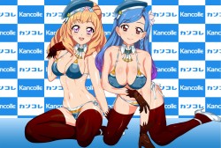 艦隊これくしょん、アイカツ！、愛宕（艦これ）、風沢そら、姫里マリア、高解像度、コスプレ、atago (kantai collection) (cosplay)、ビキニ、ベレー、ドリルヘア、ロングヘア、ツインドリル、サイハイソックス、mevius9、女二人、帽子、手袋、水着、紫目、茶髪、複数女性、赤目、青い髪