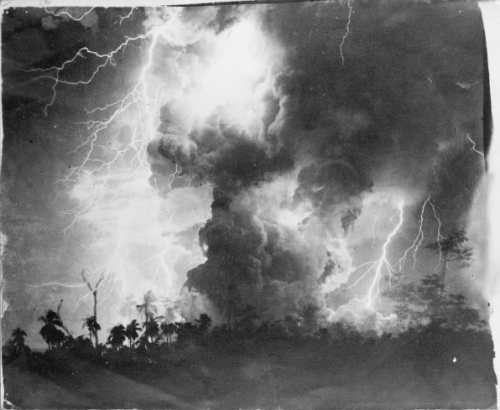 dame-de-pique:Sarah Johnston Chinnery - Photograph of a print of lightning in clouds after volcanic 