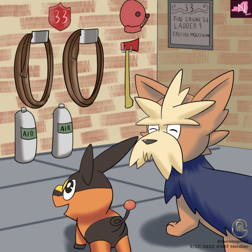  At Fire Station 33, Herdier shows Tepig the ropes. 