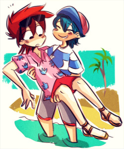 thatdoodlebug:  more beach boys after seeing that new red sun/moon trailer i have even more hope that these two will be reunited in the anime :&gt; and just really like drawing the hawaiian shirt, it can’t be helped 