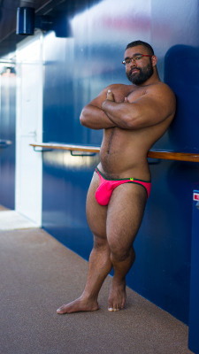 noodlesandbeef:  Today’s swimsuit.The ship has an Andrew Christian store…so I bought a new swimsuit on our sea day.Oh boy.  Its pretty brief.  Plenty of package space–baggy actually–but the back barely covers half of my ass.  I think this is
