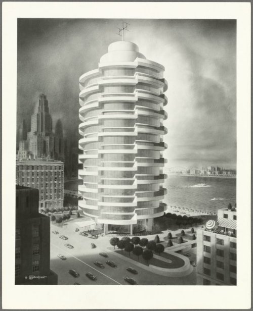 Spiral Apartment Building on East River and cross section model, 1949. Wurts Brothers. NY, USA. Sou