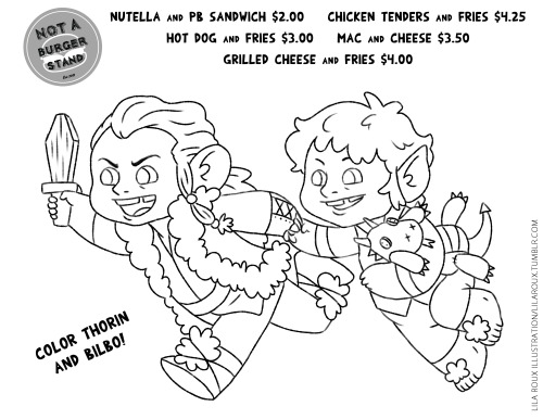 lilaroux:Part two of pop culture kids’ menus for the cafe:Baby Thorin and Bilbo