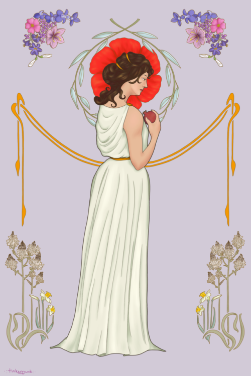 tinkerdoodles:Patreon piece from January: Persephone.In the upper corners are lily, hyacinth (larksp