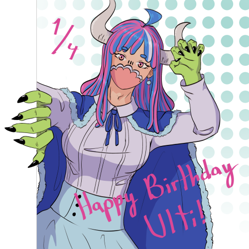 Image ID: [A digital drawing of Ulti from One Piece from the hips up. She's in her human form, minus her hands, which look like they do in her hybrid Zoan form. She's peeking around a corner at the camera, with a hand wrapping around the edge of the image and the other hand up by her face. The background is white with green dots, and in the front reads the date January 4th, and "Happy Birthday Ulti!"] End ID.