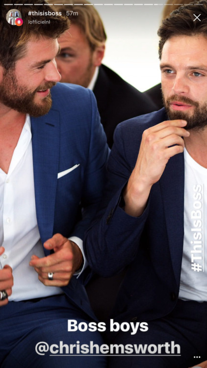 sebastiansource:Sebastian Stan and Chris Hemsworth at the Hugo Boss New York Fashion Show [07.11.201