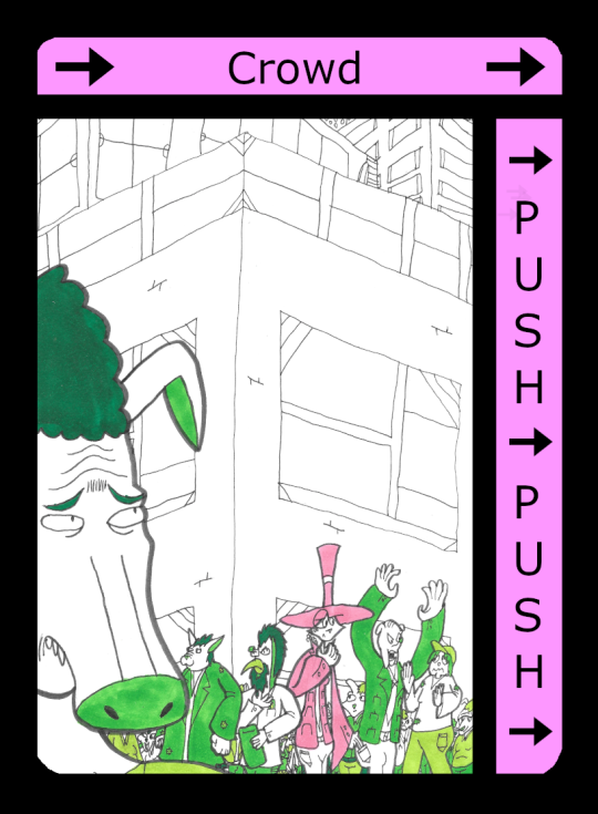 Push Card pushing right. The tech bro is suspiciously eyeing a man in a trenchcoat passing by. Lizzie, meanwhile, is robbing the same rich guy while he yells at the poor girl again, making her sad. Lizzie sympathizes with the poor girl's situation.