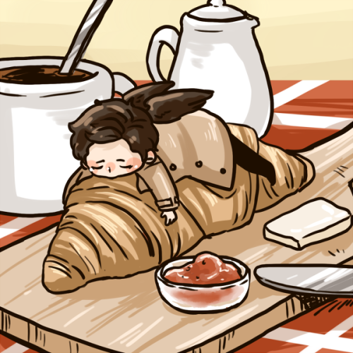 diminuel:Breakfast angel. Anon suggested “tiny Castiel resting on a croissant”. :D  