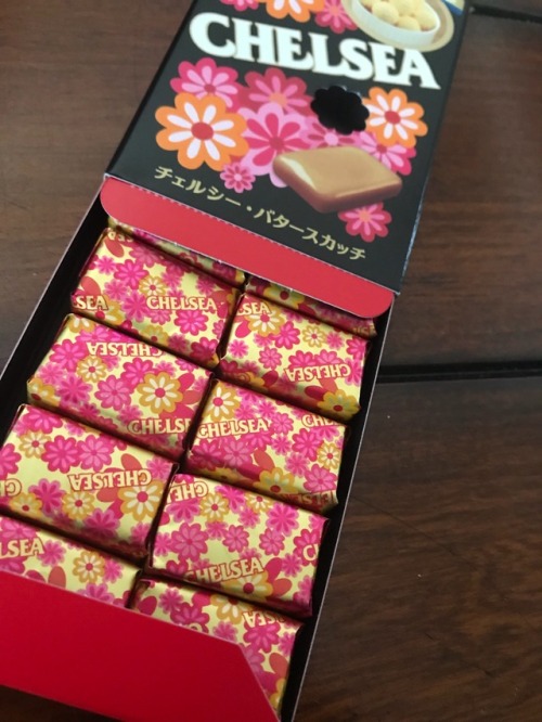 These beauties are Chelsea butterscotch candy! The package is so pretty with the flowers and gold.
