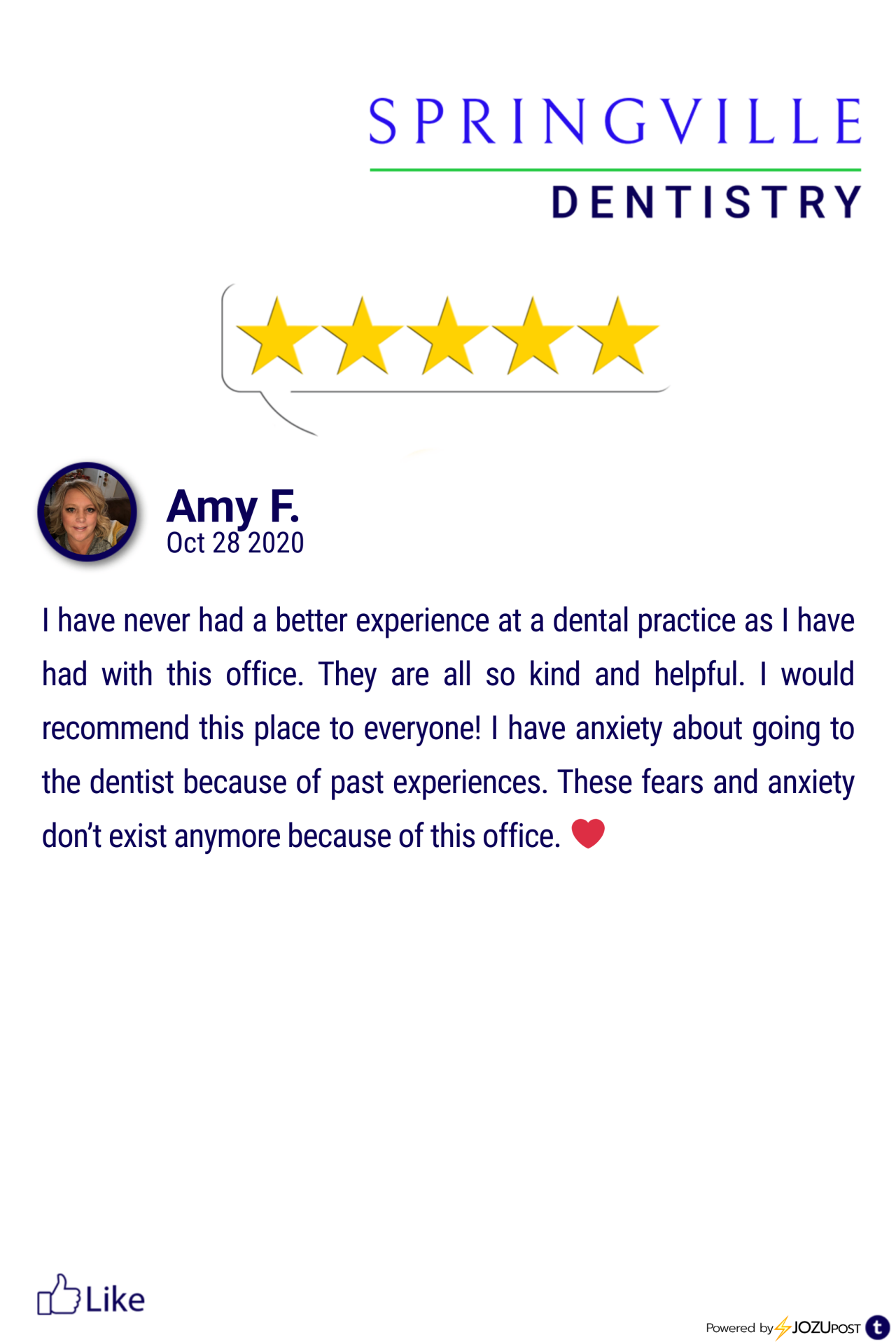 We appreciate our patients!
Here is our latest Five-Star Review from Amy F. We love to recognize those patients that take the time to fill out a review and let us know how we are doing.
Here is what Amy F. had to say: “I have never had a better...