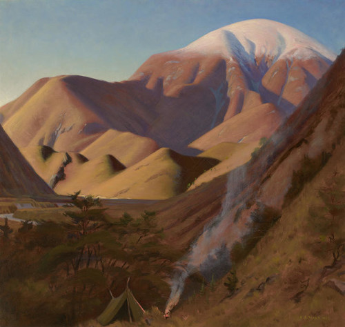 Camp in the Kowai (Kowhai)  -    Austen Deans ,1952.New Zealander, 1915-2011Oil on canvas