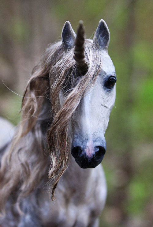 one a kind unicorn sculpture “Prosecco”. Dapple grey unicorn made from polymer clay over wire and fo