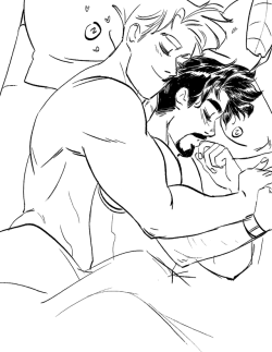 hackedmotionsensors:  SO! I took some time today to read @no-gorms​ latest little ficlet of Steve and Tony cuddling at Clint’s farm and it was so cute that I used it as my cool down drawing UuUIt made me so happy uwuwuwuwu