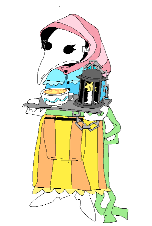 Artwork of Miss Paint dressed as a plague nurse. She's wearing a plague mask, a laced dress, and is holding a tray with soup and a chained lantern.