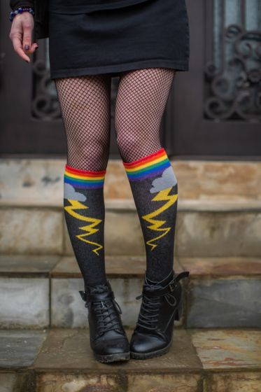 Rainbow Storm Knee HighStorm clouds and lightning bolts bring drama to the night sky of these black 