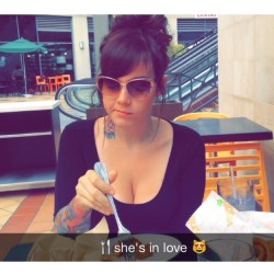 actionsworld:  This photo is too funny to me! Thanks @bitesizeevey I loveeee youuu! I was in Heaven at veggie grill!!! inkedgirls #girlswithtattoos #veggiegrill #sunglasses