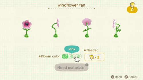 Item: windflower fan# of customizations: 3Customization names: red, pink, purpleCustom kits needed: 