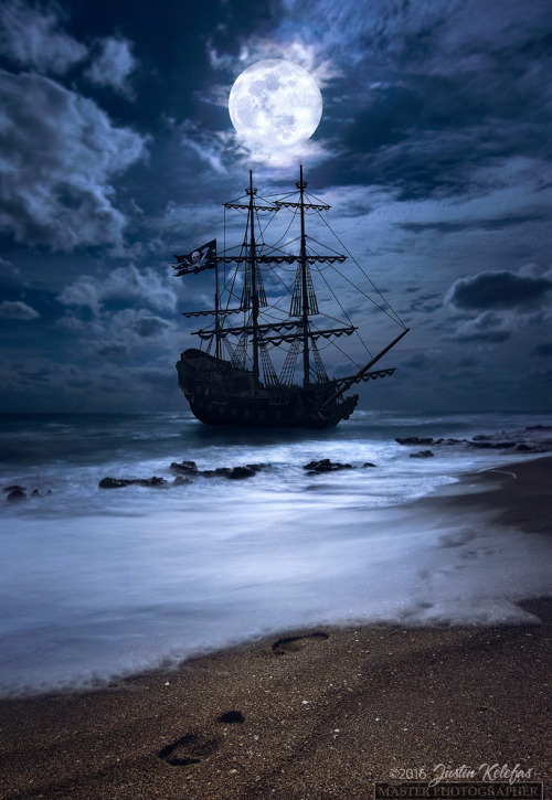 coiour-my-world:Black Pearl Landing under Full Moon by Justin Kelefas 2016 ~ Florida