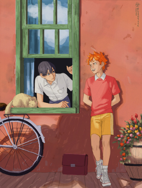 haikyuu-described: hazwqste:soft soft [ID: 2 drawings of Hinata Shouyou and Kageyama Tobio. Hinata i