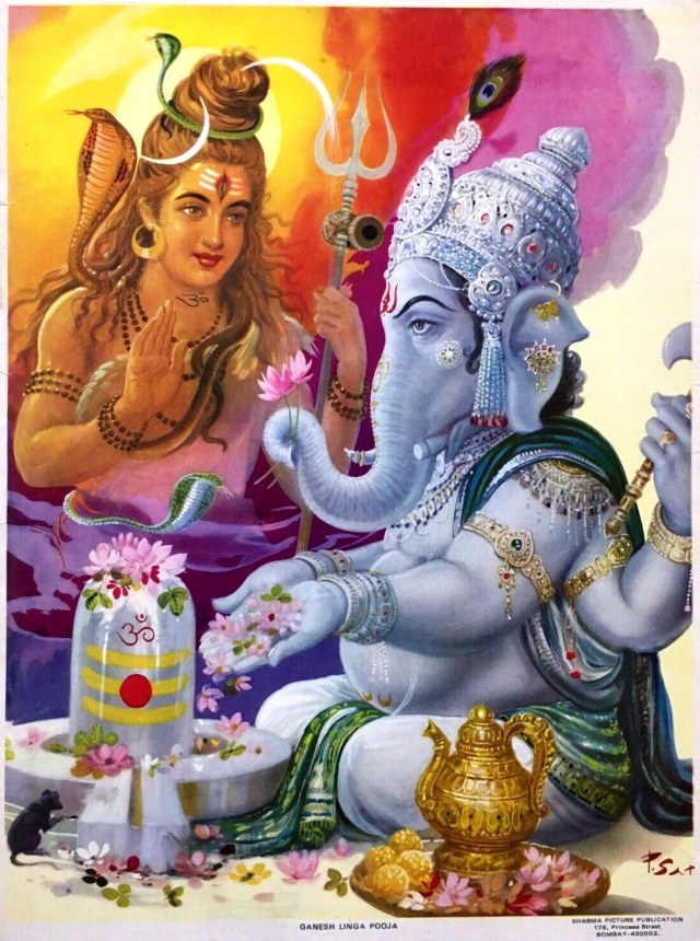 Hindu Cosmos on Tumblr: Ganesh Linga Pooja Artist: P. Sardar. Publisher:  Sharma Picture Publication, Bombay (via eBay: Indian Allegory @allegory003)