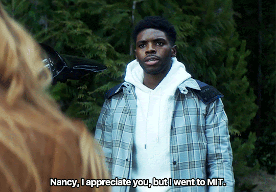 GIF FROM EPISODE 2X15 OF NANCY DREW. TOM SWIFT IS STANDING OUTSIDE, GESTURING BROADLY. HE SAYS "NANCY, I APPRECIATE YOU, BUT I WENT TO MIT."