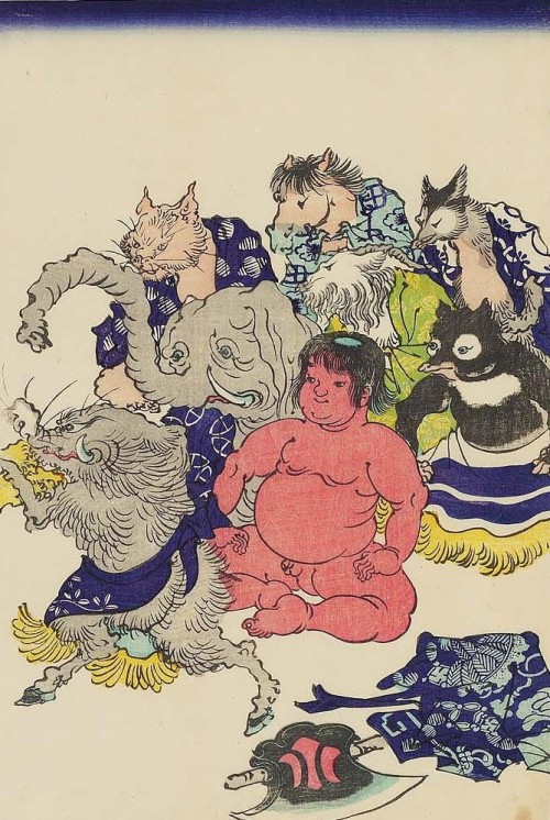 Wrestling Match Between the Animal Friends of Kintarô and Momotarô (Japan 1868)