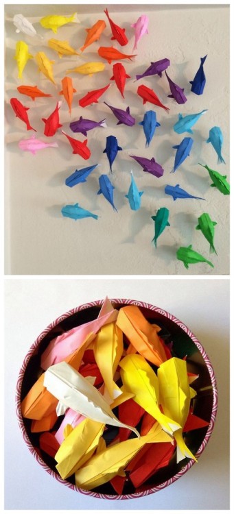 DIY Rainbow Origami Koi Wall Art   The interesting part is how she attaches the koi to the wall (but