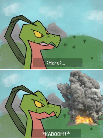 I still miss you...[Image description: Two digital drawings of Grovyle the Thief from pokemon mystery dungeon. In the first, he is standing in front of a vast landscape. He has a distant look in his eyes. The caption to his speech in this first drawing reads: “(Hero)...”  The second drawing is of Grovyle in front of the same landscape. He is no longer speaking, and is now lost in thought. A distant explosion using a realistic smoke cloud cut from a picture is now there. The caption reads: “*KABOOM!*”. End description.] #(I was talking about the sonic realtime fandubs with a friend today.) #pmd#pmd2 #explorers of sky  #pokemon mystery dungeon #pmd shitpost#Grovyle #grovyle the thief #my art