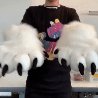 white paws with black pawpads. the person wearing touches their fingers together