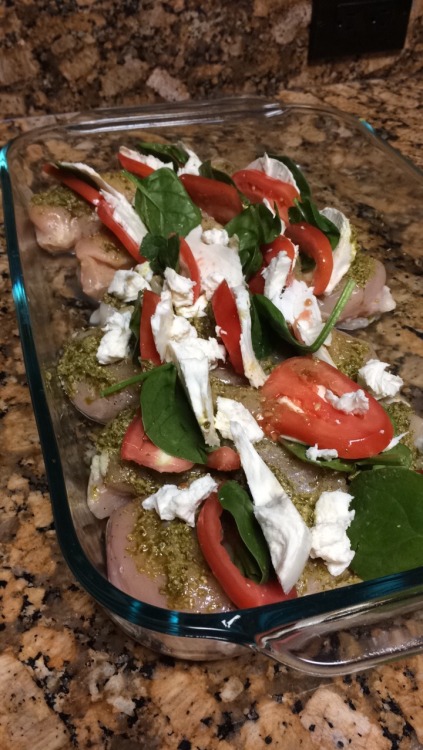 Pesto chicken with fresh mozzarella spinach and tomato= perfecto!Delicious recipe and also very he