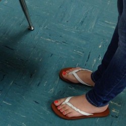 Feetfinder2492:  Three Different Friends In Their White Flip Flops In One Class!!!!