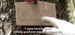 la-m0rt:  A suicide note found nailed to one of the trees in Japan’s famous Aokigahara forest, also known as suicide forest where up to 100 people go to take their lives each year. 