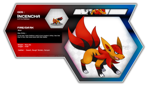 fantasticfakemon:Fuennec —> Incencha —> BlazyenaFire, Fire / Dark, Fire / DarkArtist: Daybreak