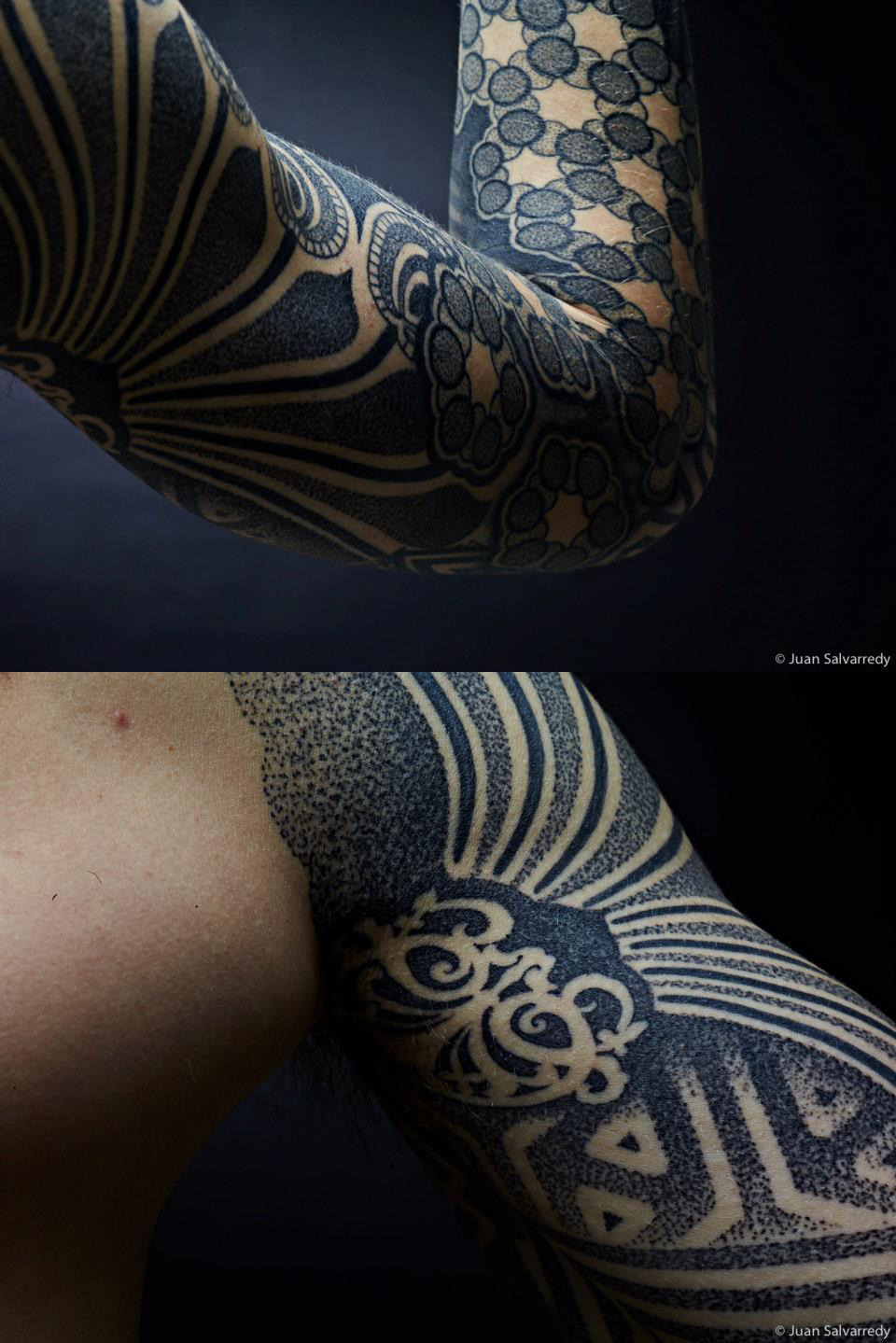 sofa-kills:  thestarlighthotel:  Dotwork sleeves, chest, and back | Nazareno Tubaro