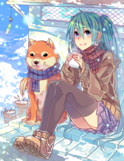 curryuku:  yeay finishedd \o/  thankyou for those who watched my progress of this pic in livestream&lt;333// Hatsune miku and shibaba watching snow fall ww