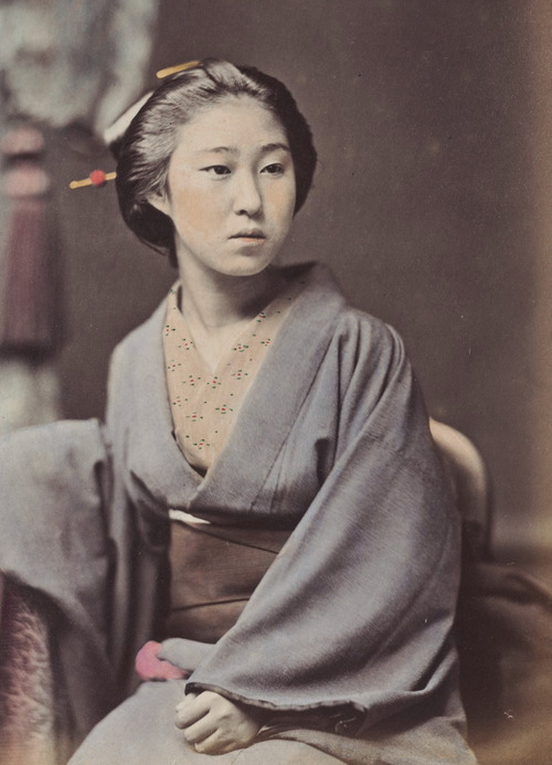 Hand-colored photo-portrait of a sitting woman in kimono.   Circa 1880&rsquo;s, Japan. 