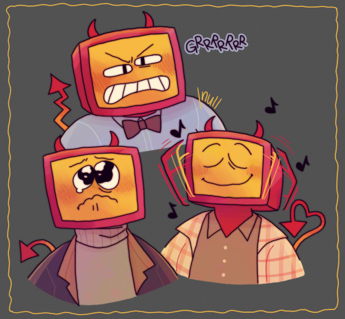[ID: 3 chest-up drawings of edgar from electric dreams as a red robot with a computer monitor head, 