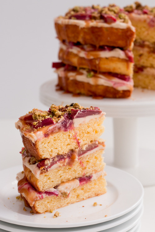 sweetoothgirl:RHUBARB, PISTACHIO AND SALTED CARAMEL LAYER CAKE