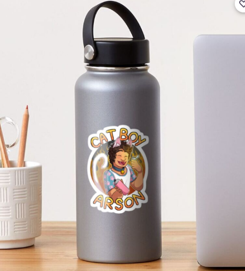 [id: 4 images of various redbubble products. the first is three stickers, one with a person using a 